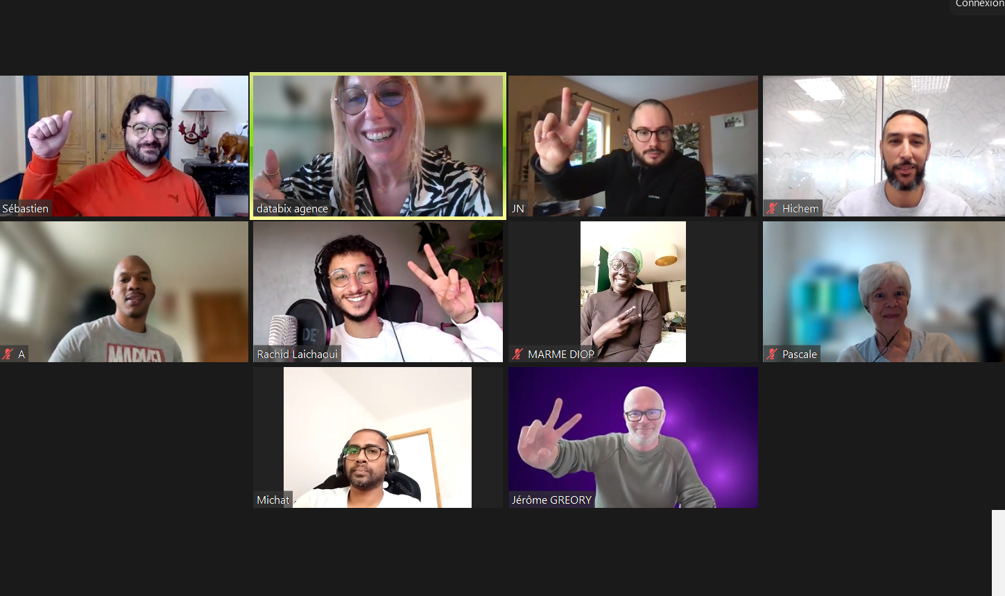 Session de groupe en visioconférence du programme SEO Pareto™, une dizaine de participants réunis à l'écran