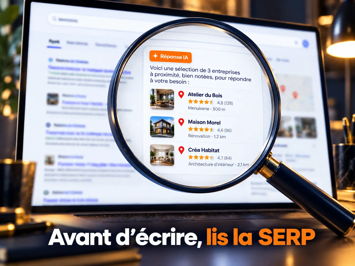 Avant d'écrire, la SERP te dit quel format Google attend : page de service, liste de produits ou article Loupe posée sur une page de résultats qui fait ressortir une carte locale, des avis clients et une réponse IA