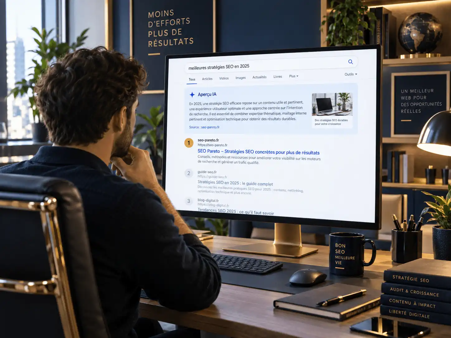Être référencé sur Google gratuitement : dans les résultats naturels et dans les AI Overviews Freelance devant une page de résultats Google où son site apparaît en première position, sous un aperçu IA qui le cite