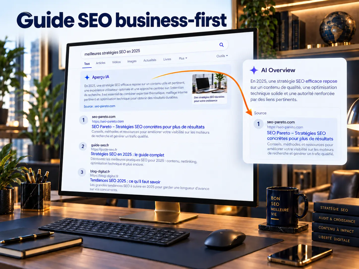 Guide SEO business-first : de la première page Google aux réponses des IA Une même page classée en première position sur Google et citée comme source dans une réponse d'IA
